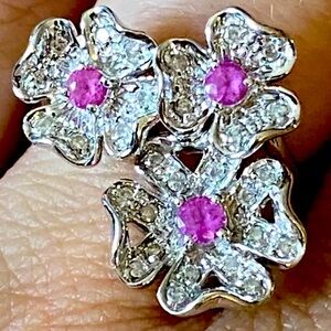 STUNNING LEVIAN 14K White Gold VS Diamond and Pink Sapphire Flower Ring Sz 6.75!